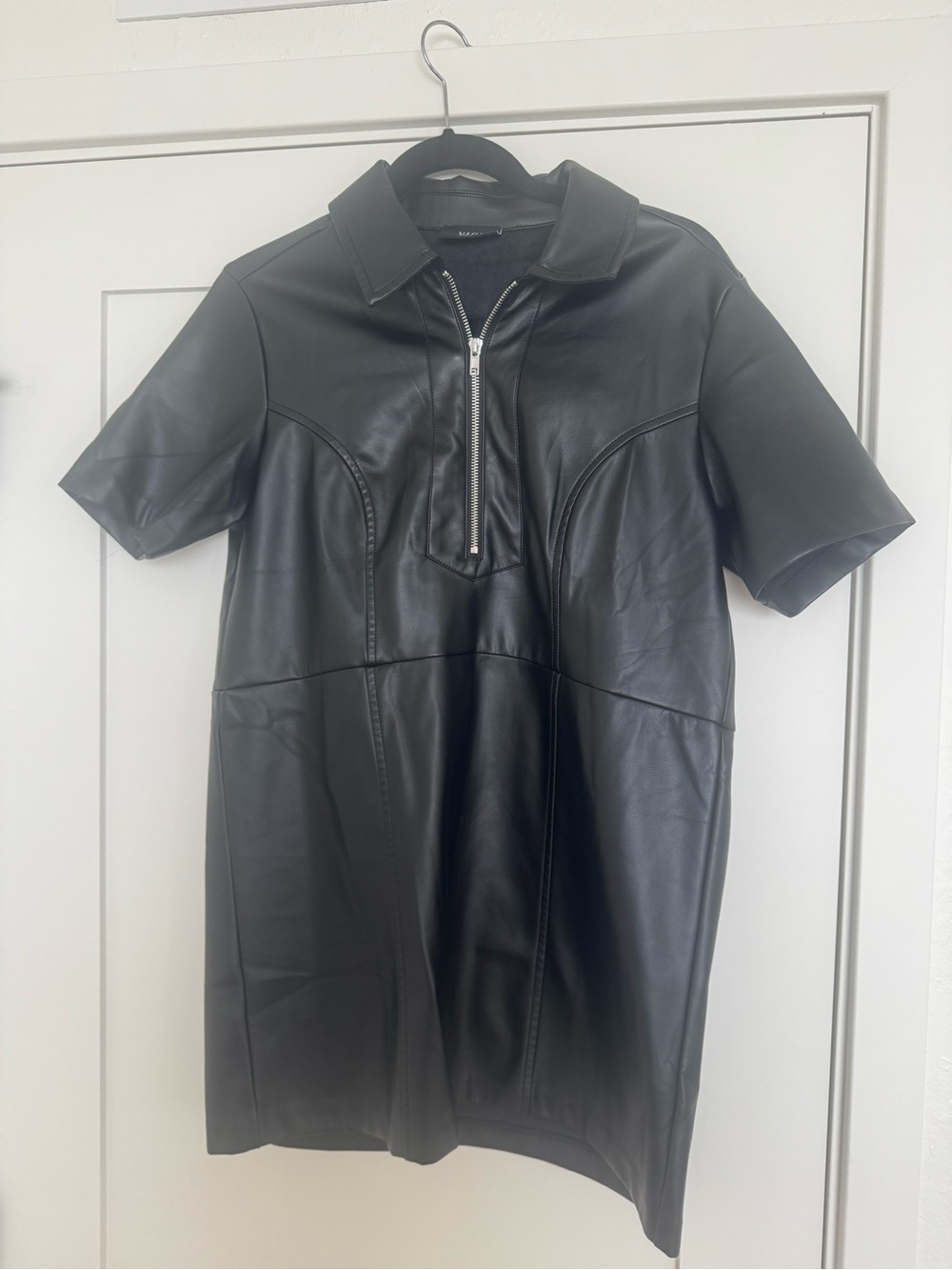 Black Faux Leather Short-Sleeve Zip-Front Dress